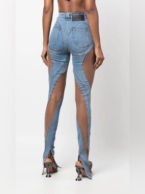 Mugler Blue Leather-Panel Skinny Cutout Jeans